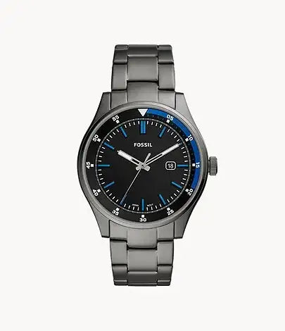 Fossil Belmar FS5532 quartz watch with black sunray dial, blue chapter ring, smoke grey stainless steel case and bracelet, date display at 3 o'clock