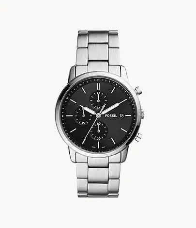 Fossil Minimalist Chronograph FS5847 stainless steel watch with black dial and three subdials on white background