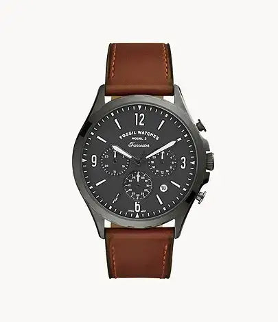 Fossil Forrester Chronograph FS5815 quartz watch with 46mm gunmetal grey stainless steel case, grey dial, three chronograph sub-dials, date display, and brown leather strap