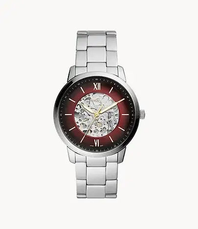 Fossil Neutra ME3209 automatic skeleton watch with red sunray dial, stainless steel case and bracelet, Roman numeral markers