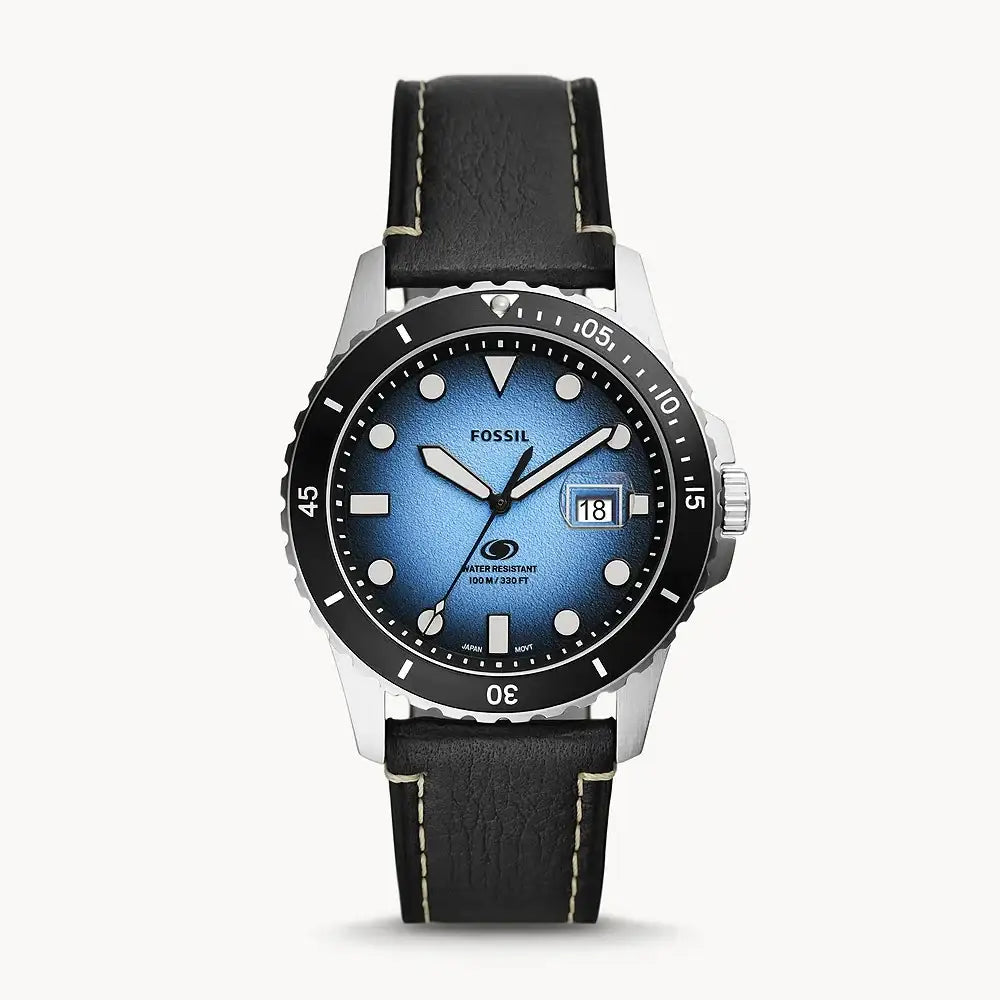 Fossil Blue Dive FS5960 quartz watch with blue gradient dial, black rotating bezel, stainless steel case, and black leather strap with contrast stitching