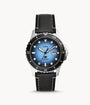 Fossil Blue Dive FS5960 quartz watch with blue gradient dial, black rotating bezel, stainless steel case, and black leather strap with contrast stitching