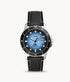 Fossil Blue Dive FS5960 quartz watch with blue gradient dial, black rotating bezel, stainless steel case, and black leather strap with contrast stitching
