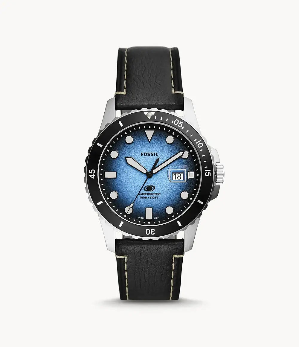 Fossil Blue Dive FS5960 quartz watch with blue gradient dial, black rotating bezel, stainless steel case, and black leather strap with contrast stitching