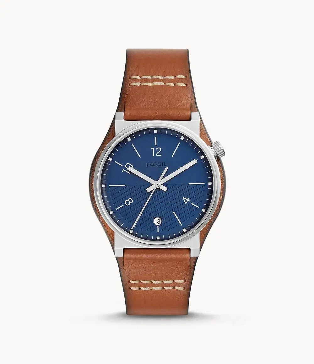 Fossil Barstow FS5524 quartz watch with blue guilloché dial and tan brown leather strap with contrast stitching