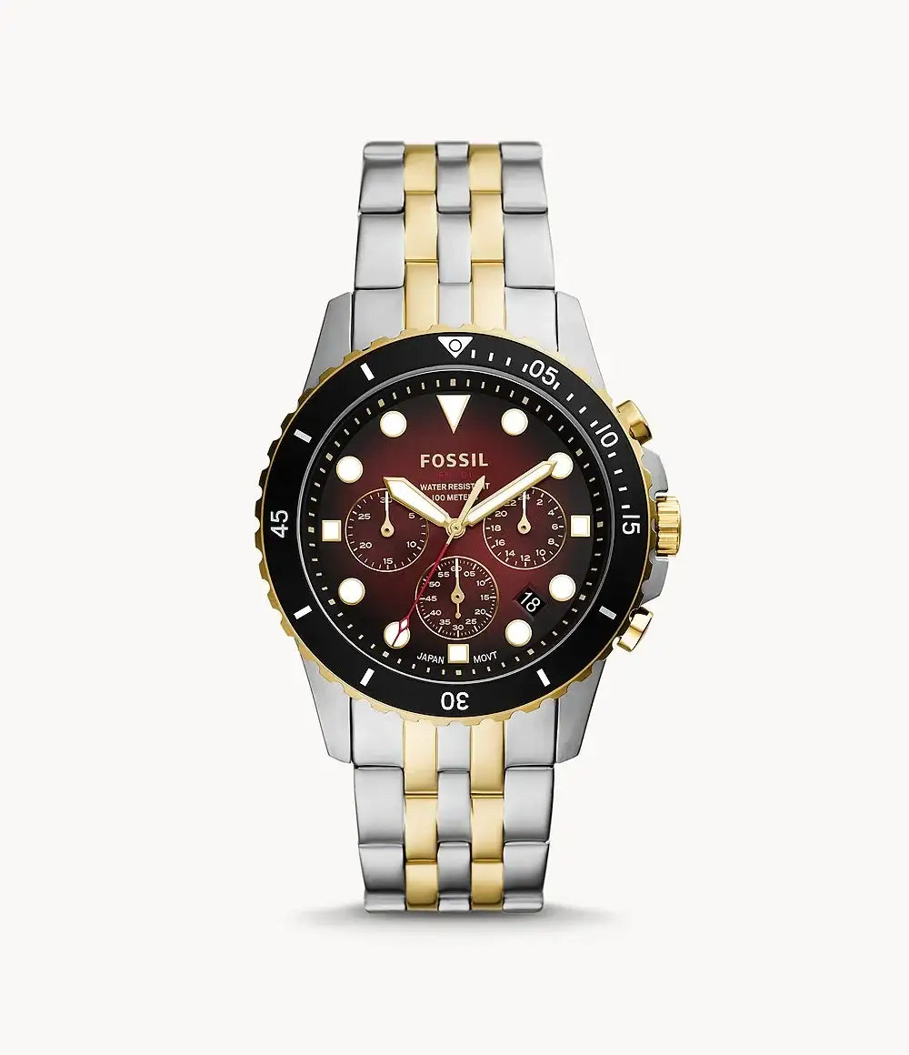 Fossil FB-01 FS5881 chronograph quartz watch with burgundy red dial, black rotating bezel, two-tone stainless steel bracelet, three sub-dials, luminous markers, 42mm case