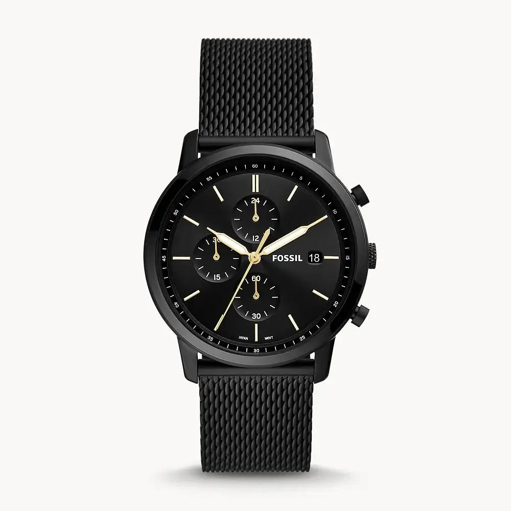 Fossil Minimalist Chronograph FS5943 black dial quartz watch with stainless steel mesh bracelet and black case