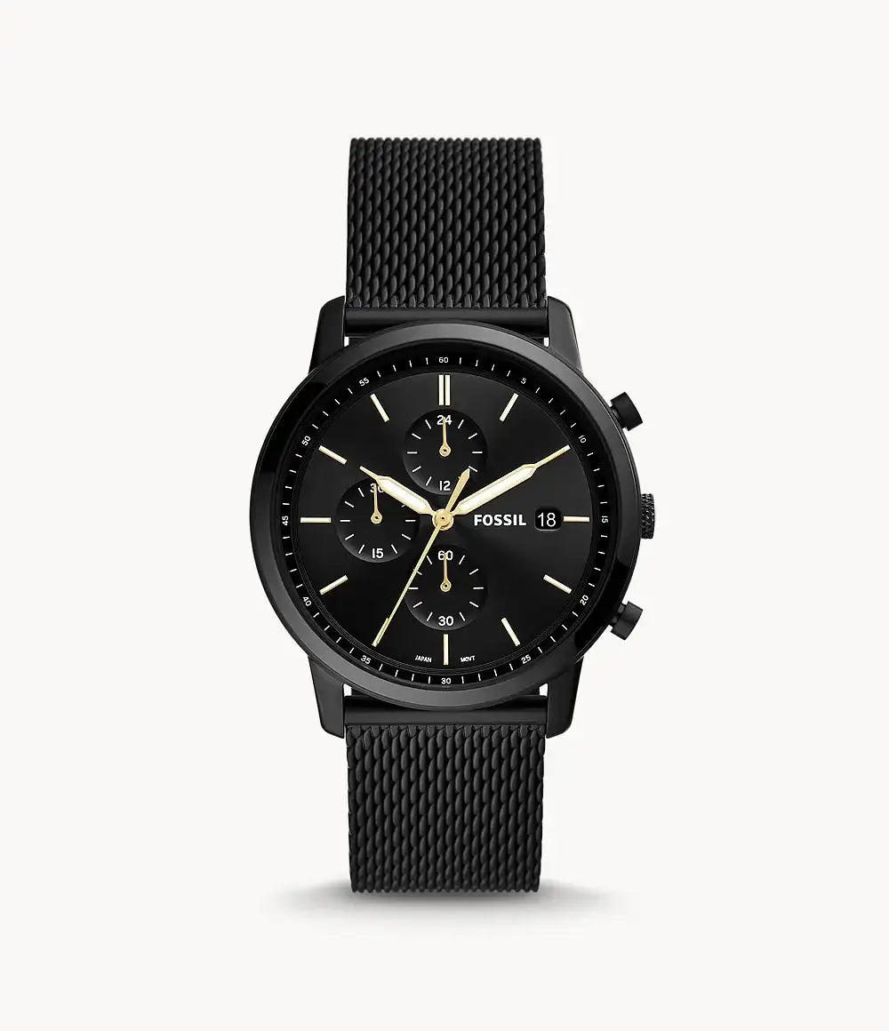 Fossil Minimalist Chronograph FS5943 black dial quartz watch with stainless steel mesh bracelet and black case