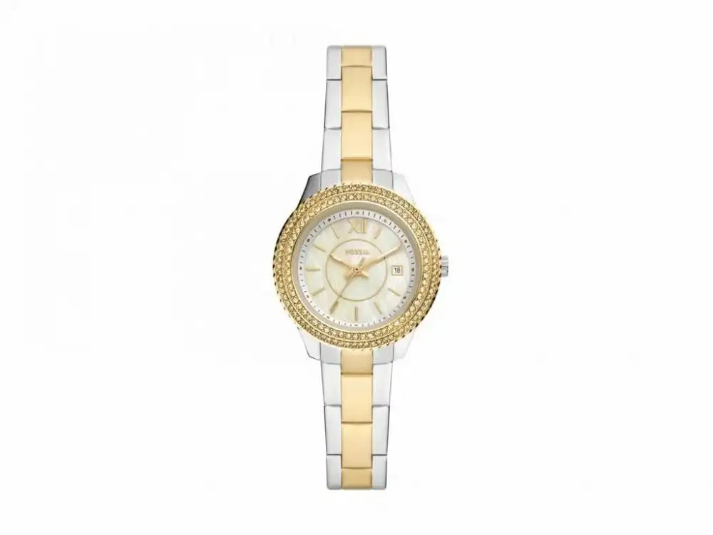 Fossil Stella Mini ES5138 two-tone stainless steel quartz watch with white mother-of-pearl dial and date display