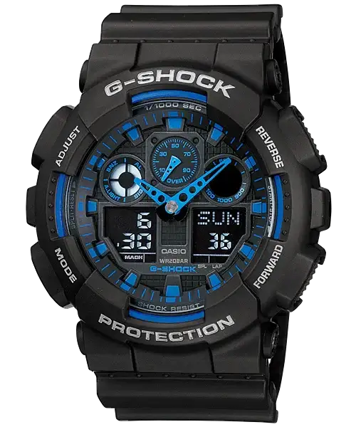 Casio G-Shock GA-100-1A2DR black resin watch with blue accents and analogue-digital display on white background