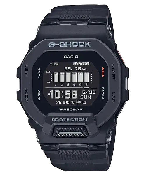 Casio G-Shock GBD-200-1DR black digital sports watch with resin case and strap showing fitness display
