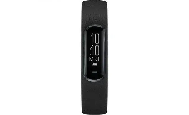 Garmin vívosmart 4 fitness activity tracker in midnight black silicone band with touchscreen display showing time and battery indicator