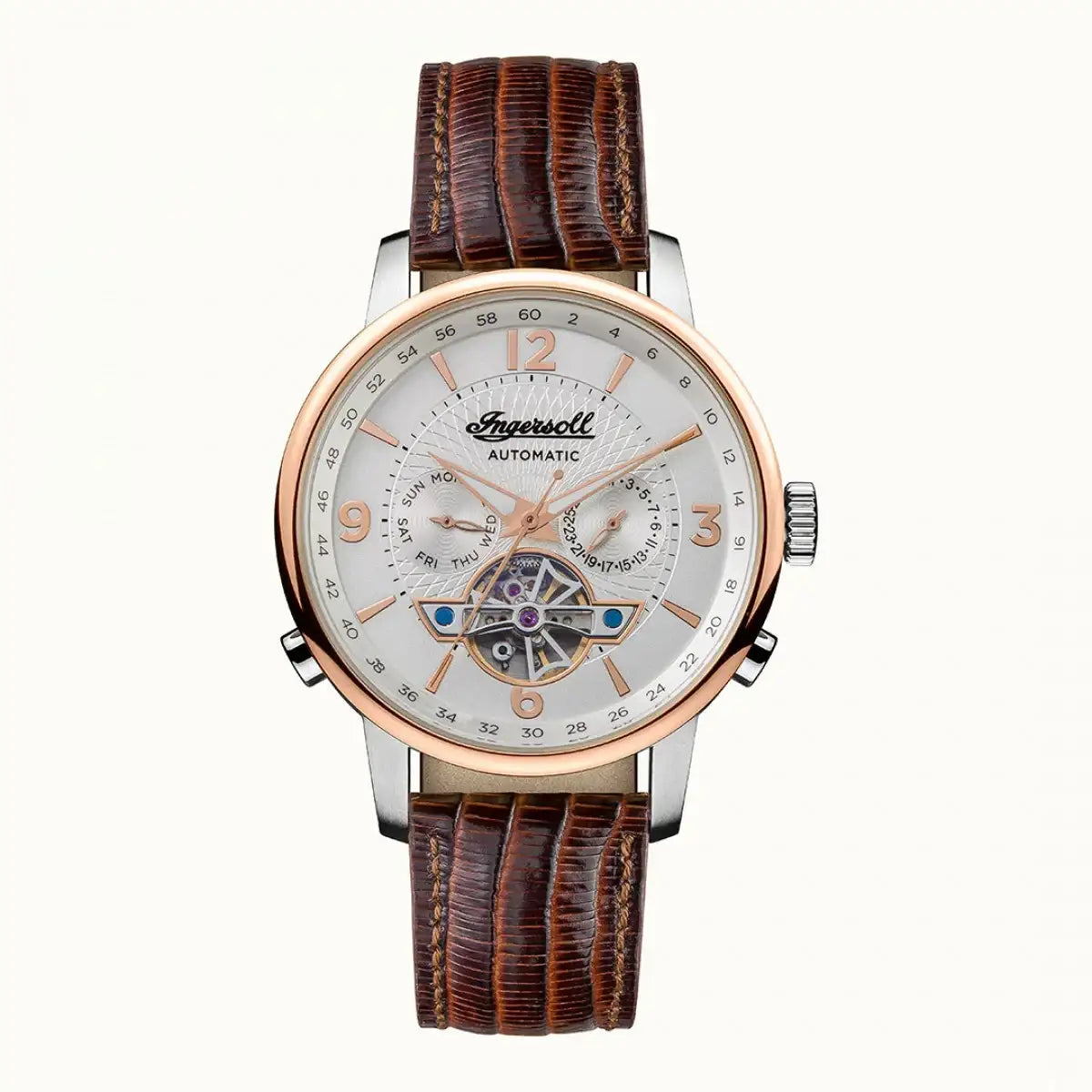 Ingersoll Grafton I00701B automatic watch with open heart dial, two-tone rose gold and steel case, brown leather strap, day-date complications