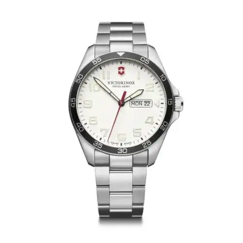 Victorinox FieldForce 241850 Swiss quartz watch with white dial, day-date display, and stainless steel bracelet on white background
