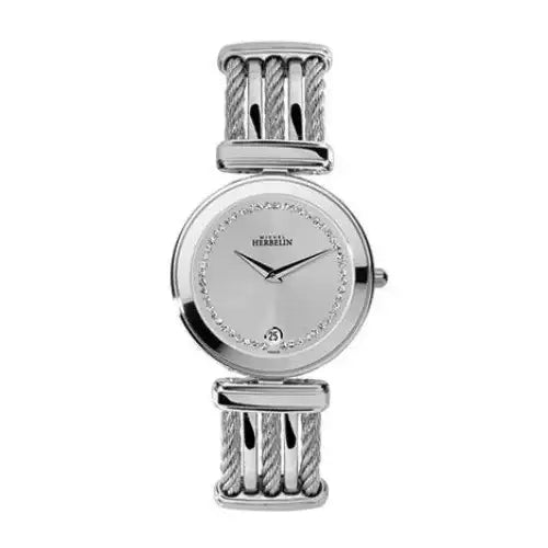 Michel Herbelin Câble 19415/B62 ladies quartz watch with silver dial, spinel accents, and stainless steel cable bracelet