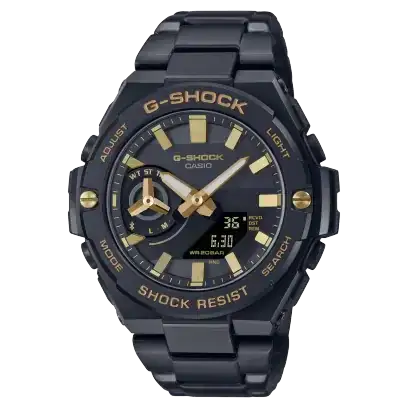 Casio G-Shock G-Steel GST-B500BD-1A9DR black ion-plated solar Bluetooth watch with gold accents on stainless steel bracelet