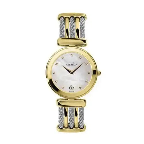 Michel Herbelin Cable 19415/BT59 ladies quartz watch with white mother-of-pearl dial, spinel hour markers, yellow gold PVD case and signature cable bracelet