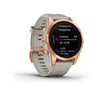Garmin Fenix 7S-Solar Edition Rose Gold with Light Sand Band.