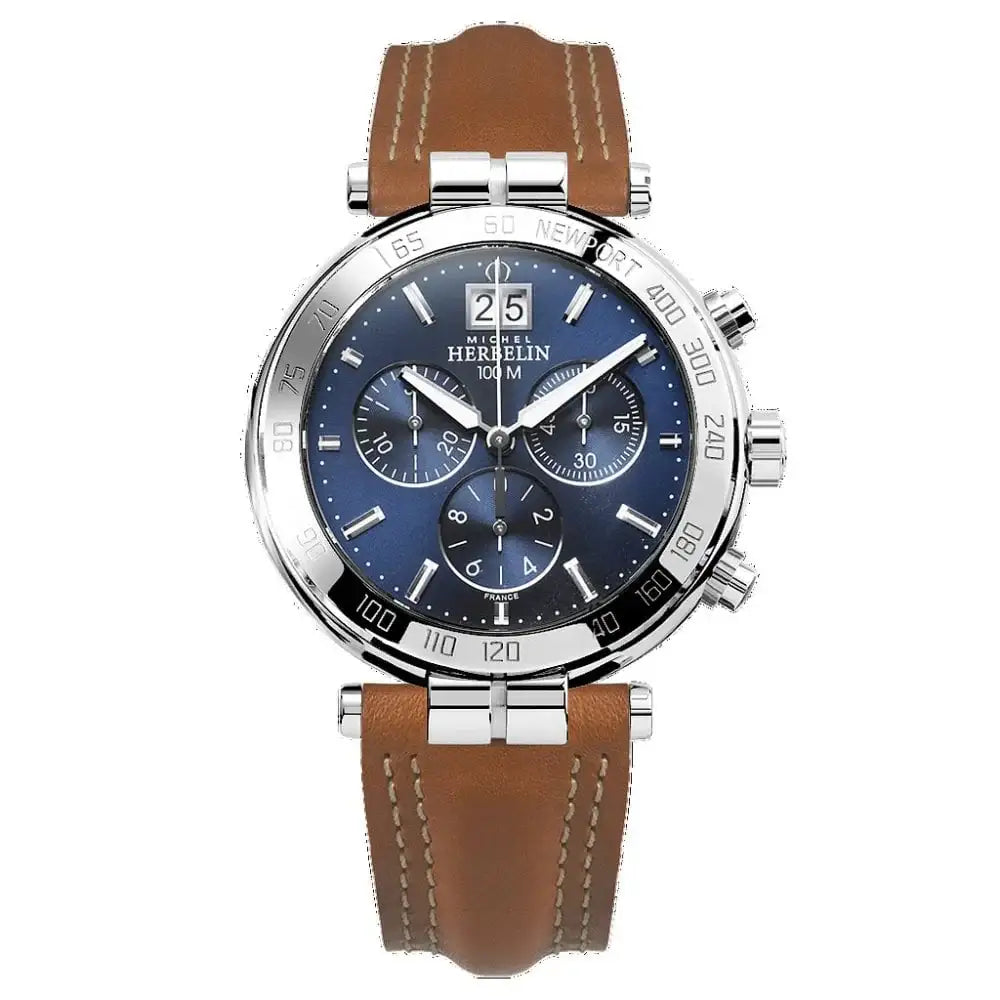 Michel Herbelin Newport Chronograph 37688/35GON blue dial stainless steel quartz watch with brown leather strap