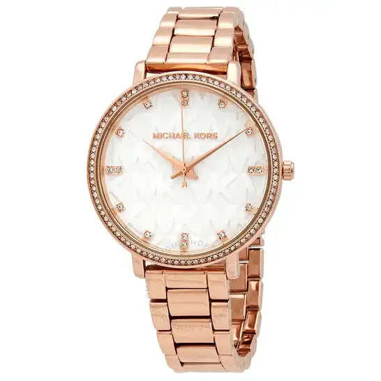 Michael Kors Pyper MK4594 rose gold-tone quartz watch with white dial, crystal-set bezel and stainless steel bracelet