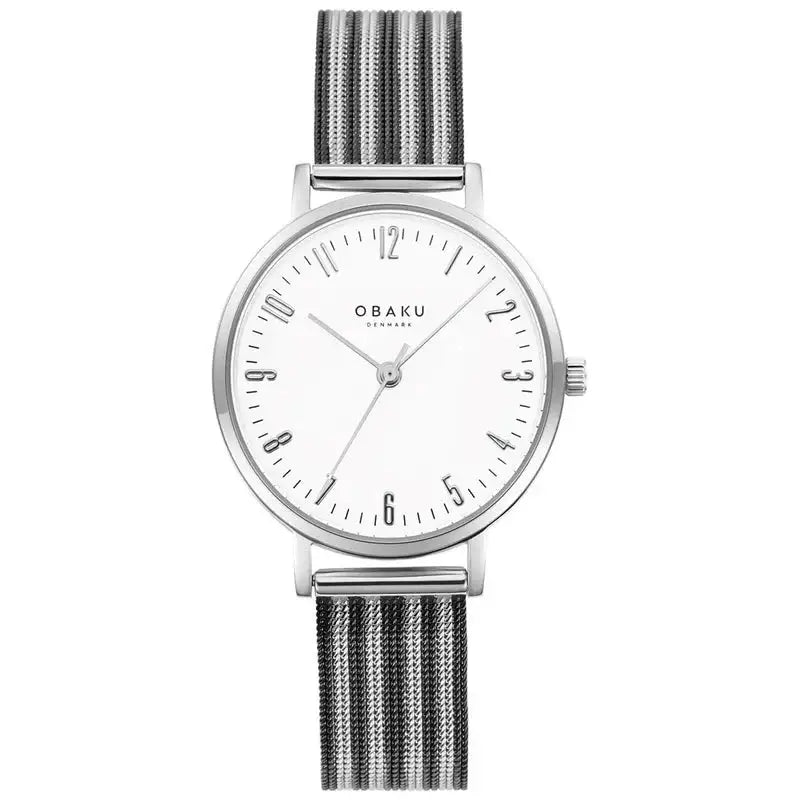 Obaku Brink Lille V248LXCIMM quartz watch with white dial and stainless steel striped mesh bracelet