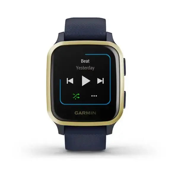 Garmin Venu Sq Music Edition Light Gold Aluminium Bezel with Navy Case and Silicone Band. - Cassim & Co South Africa