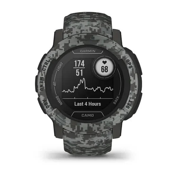 Garmin Instinct 2 Camo Edition GPS smartwatch in Graphite Camo with digital camouflage pattern, rugged fiber-reinforced polymer case, monochrome display showing health metrics