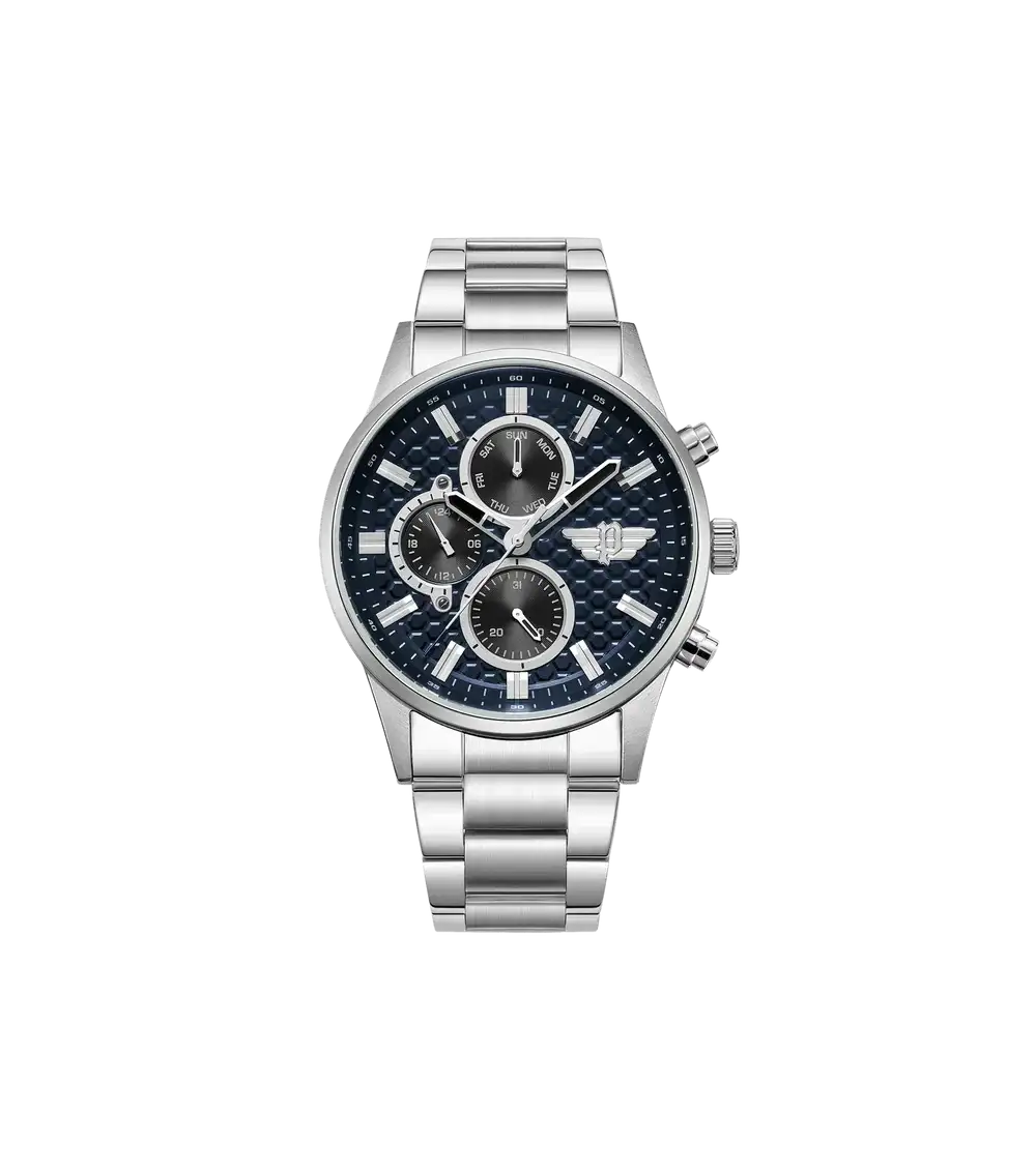 Police Tauriko PEWJK2229405 quartz chronograph watch with textured navy blue dial and stainless steel bracelet