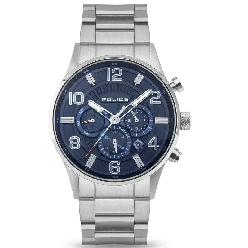 Police Addis PEWJK2203101 quartz chronograph watch with navy blue dial and stainless steel bracelet on white background