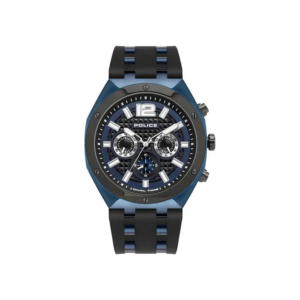 Police Kediri PL15995JSBLU.03P quartz chronograph watch with blue stainless steel case, black carbon pattern dial, and two-tone silicone strap