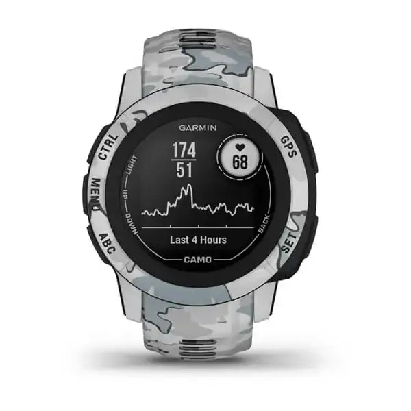 Garmin Instinct 2S Camo Edition Mist Camo GPS smartwatch with rugged fiber-reinforced polymer case and camouflage silicone strap
