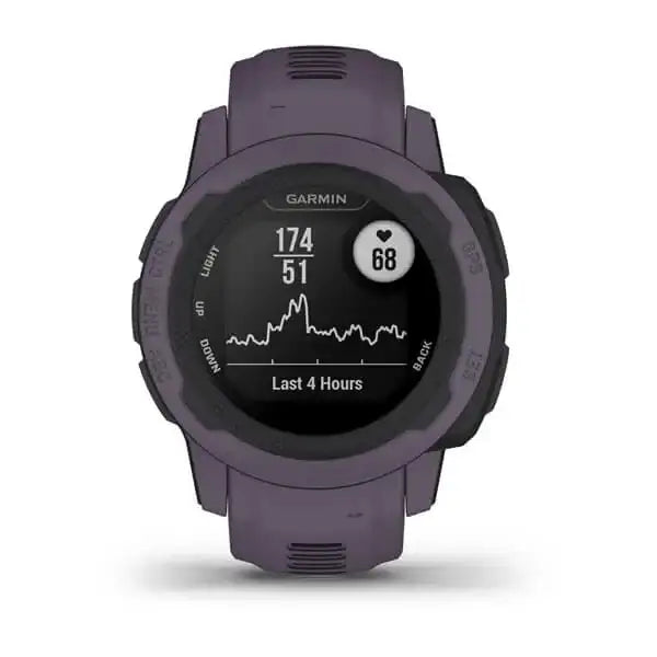 Garmin Instinct 2S GPS smartwatch in deep orchid purple showing heart rate tracking display on circular monochrome screen with rugged polymer case and silicone strap