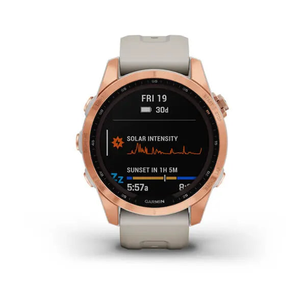 Garmin Fenix 7S-Solar Edition Rose Gold with Light Sand Band.