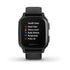 Garmin Venu Sq Music Edition GPS smartwatch with black slate aluminium case, colour touchscreen displaying health stats menu, and textured black silicone strap
