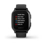 Garmin Venu Sq Music Edition GPS smartwatch with black slate aluminium case, colour touchscreen displaying health stats menu, and textured black silicone strap