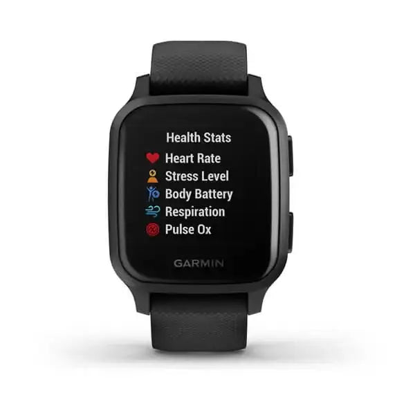 Garmin Venu Sq Music Edition GPS smartwatch with black slate aluminium case, colour touchscreen displaying health stats menu, and textured black silicone strap