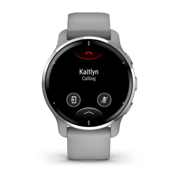 Garmin Venu 2 Plus Silver Stainless Steel Bezel with Powder Grey Case and Silicone Band.