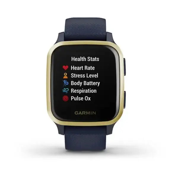 Garmin Venu Sq Music Edition GPS smartwatch with light gold aluminium bezel, navy polymer case, and navy silicone band displaying health stats on colour screen
