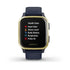 Garmin Venu Sq Music Edition GPS smartwatch with light gold aluminium bezel, navy polymer case, and navy silicone band displaying health stats on colour screen