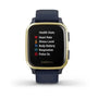 Garmin Venu Sq Music Edition GPS smartwatch with light gold aluminium bezel, navy polymer case, and navy silicone band displaying health stats on colour screen