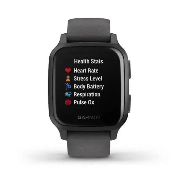 Garmin Venu Sq GPS smartwatch with slate aluminium bezel and shadow grey silicone band displaying health stats on colour touchscreen