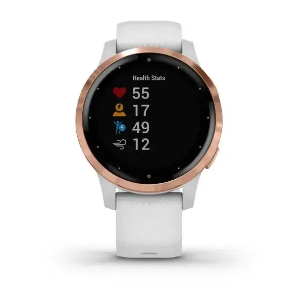 Garmin Vivoactive 4S GPS smartwatch with white silicone strap and rose gold bezel showing health stats on AMOLED display