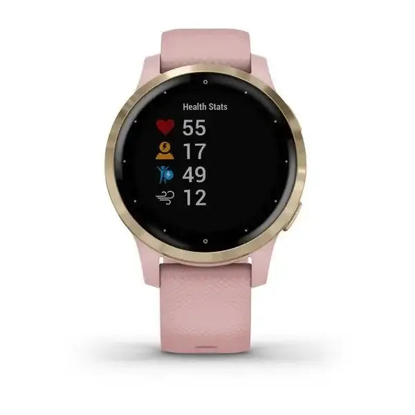 Garmin Vívoactive 4S GPS smartwatch in dust rose with light gold hardware displaying health stats on touchscreen
