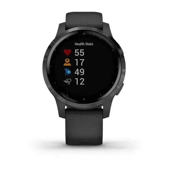 Garmin vívoactive 4S GPS smartwatch with black silicone strap and slate hardware showing health statistics display