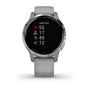 Garmin vívoactive 4S GPS smartwatch in powder grey with silver hardware displaying health stats on sunlight-visible MIP touchscreen