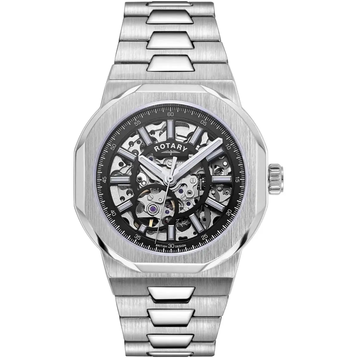 Rotary Regent GB05415/04 automatic skeleton watch with black dial, brushed stainless steel octagonal case and integrated H-link bracelet
