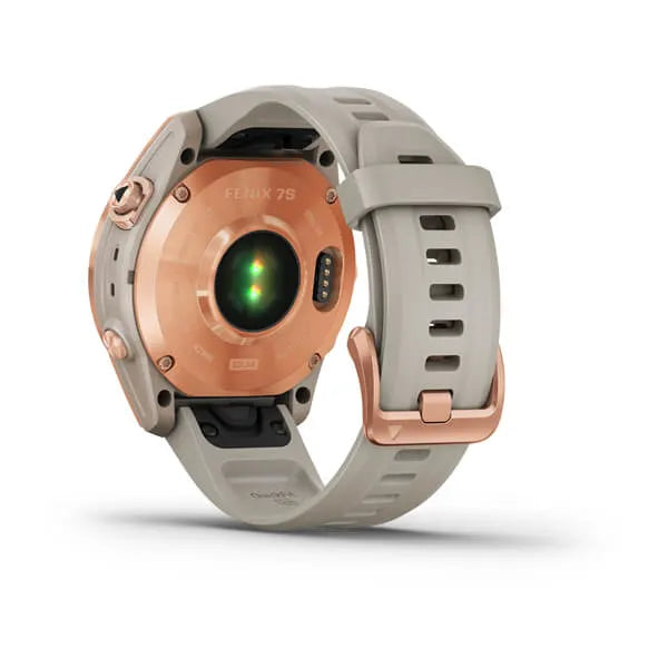 Garmin Fenix 7S-Solar Edition Rose Gold with Light Sand Band.