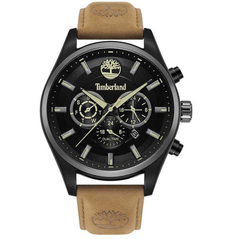 Timberland Ashmont TDWGC2132601 men's chronograph watch with black dial, tan leather strap, and 46mm black stainless steel case