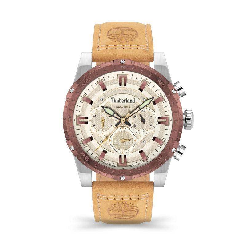 Timberland Fitzwilliam TDWGF2202003 quartz chronograph watch with 45mm stainless steel case, cream dial with three subdials, rose-tone aluminium bezel, and tan genuine leather strap with embossed logo