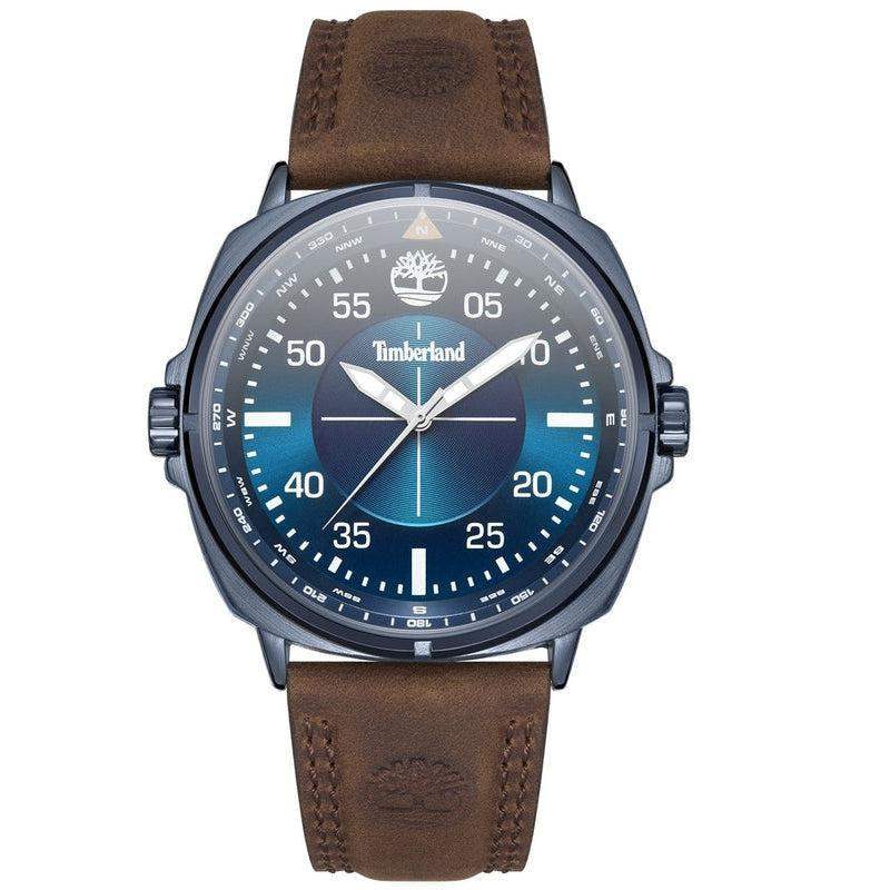 Timberland Williston TDWGA2132001 quartz watch with blue gradient dial, dark blue stainless steel case, and brown leather strap